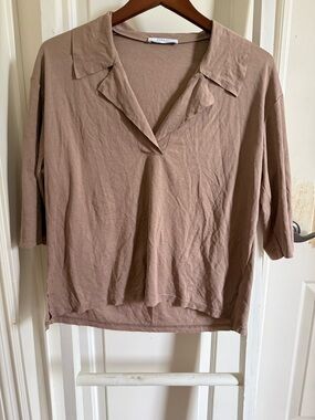 Zara Taupe V-Neck Collared Short Sleeve Top